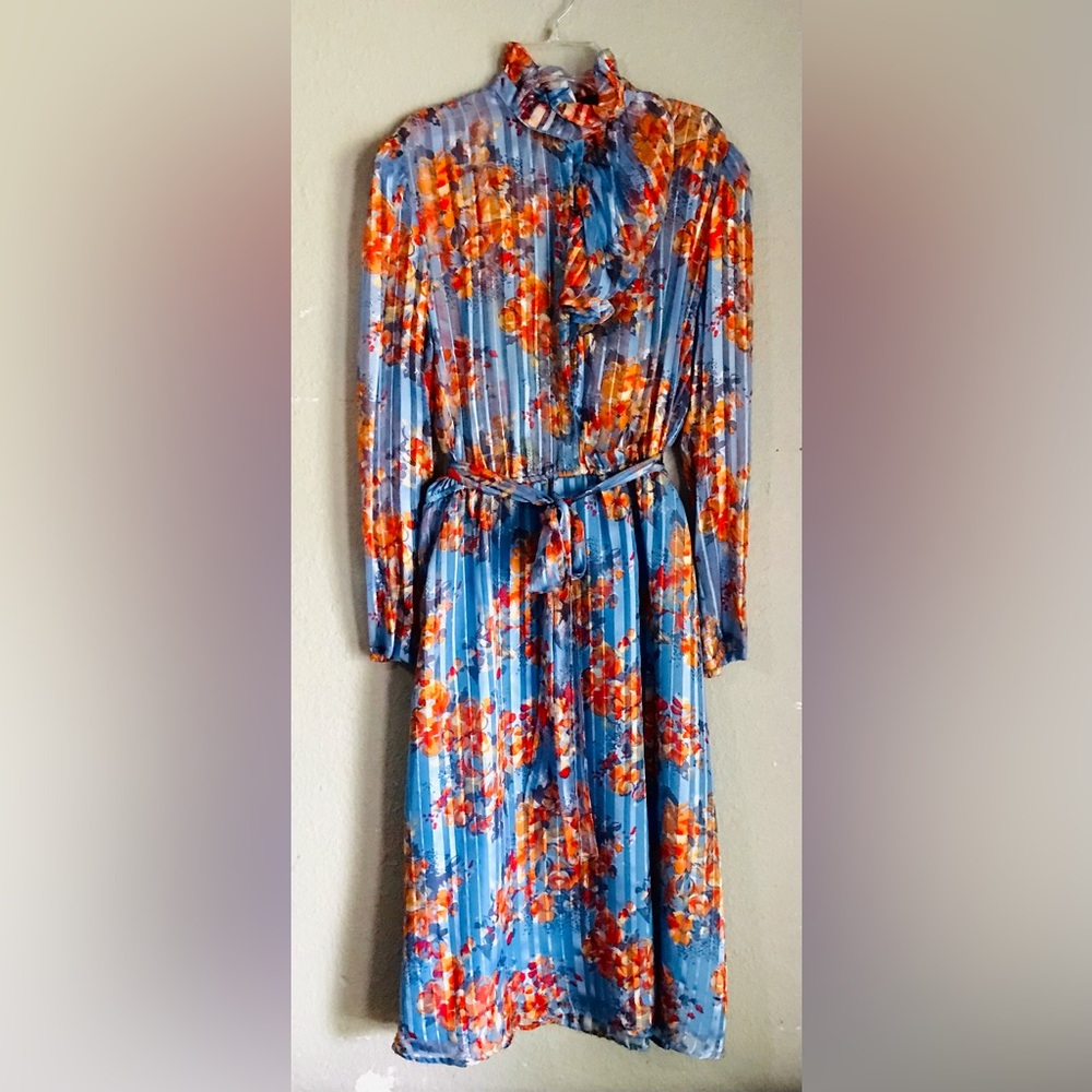 Blue Sheer Illusion Bodice High Neck Long Sleeve Floral Print 100% Silk Dress
